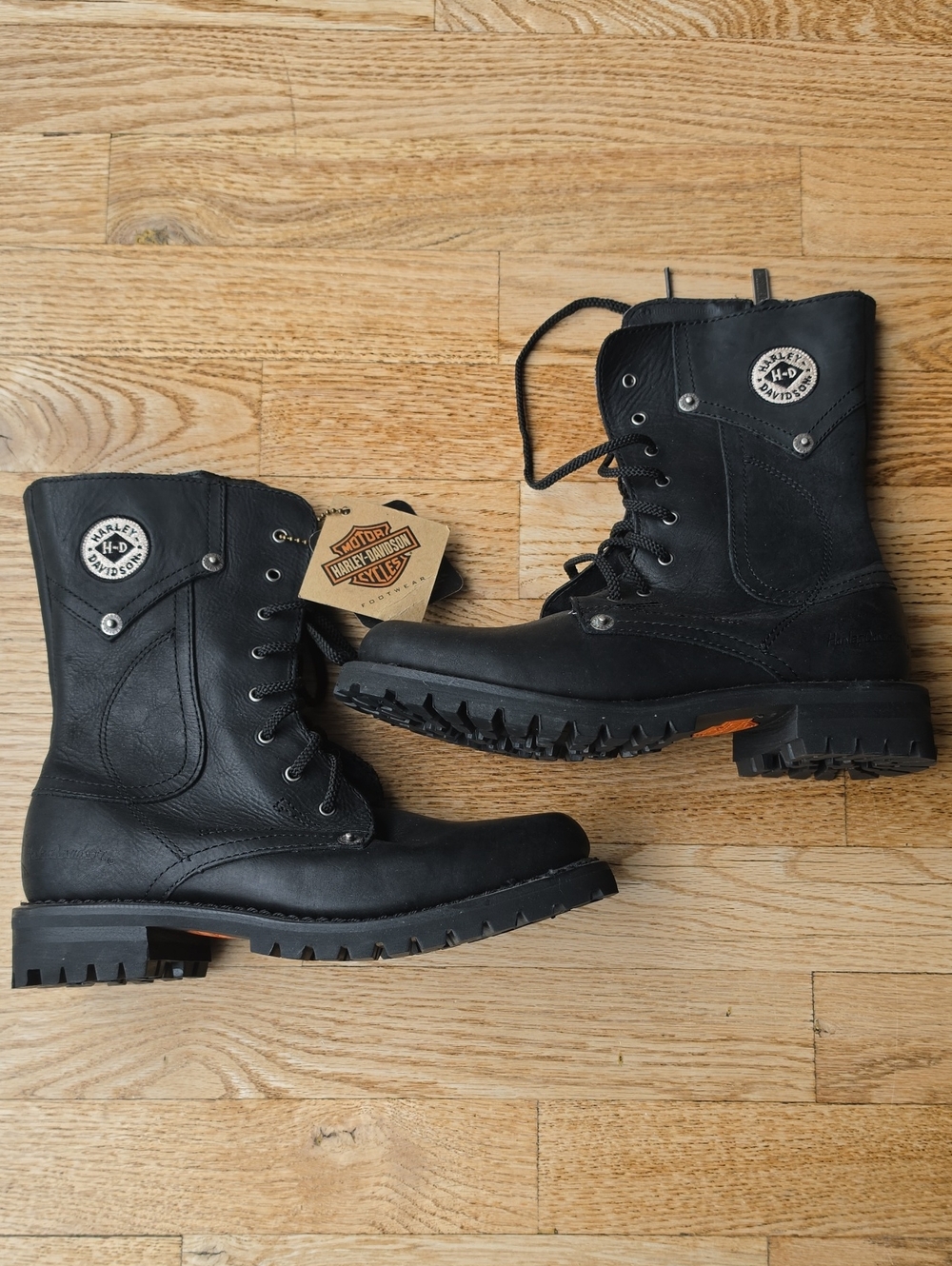 (6) Harley-Davidson Black Leather Lace-Up Moto Boots Lug Sole Combat Military